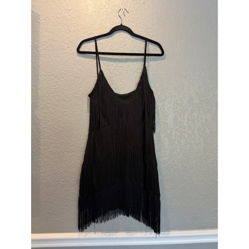 Black Fringe Flapper Mini Dress V-Neck Spaghetti Strap Tiered Tassel Cocktail